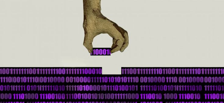 A vintage-style illustration of a large hand carefully placing a single purple block containing binary numbers into a gap within a wall made of scrolling rows of purple digital binary numbers.
