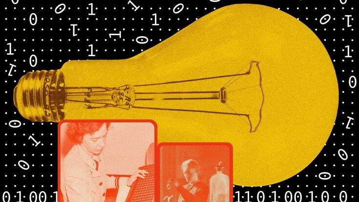 A collage-style image featuring a large yellow lightbulb set on a background with white binary code. In the foreground are two smaller, orange-tinted historical photos of people working with early computer technology and experimenting with chemical elements.